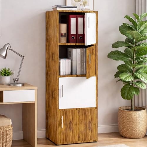 Callas Wooden Book Rack | Multi-Compartment Storage Cabinet | Space-Saving Vertical Bookshelf with Doors | Durable & Sturdy Organizer for Home & Office (Walnut, 4 Tier)