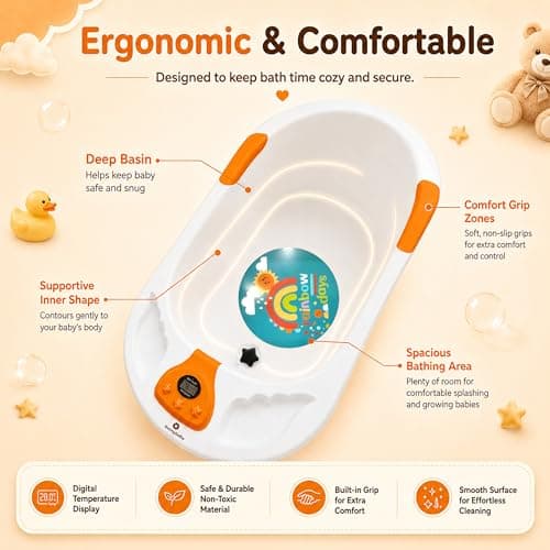 StarAndDaisy Baby Bath Tub for 0 to 5 Years with Temperature Sensing Meter & Anti-Skid Legs/Baby Bathing Tub for Newborn & Toddlers/Kids Bath Tub- White-Orange 4