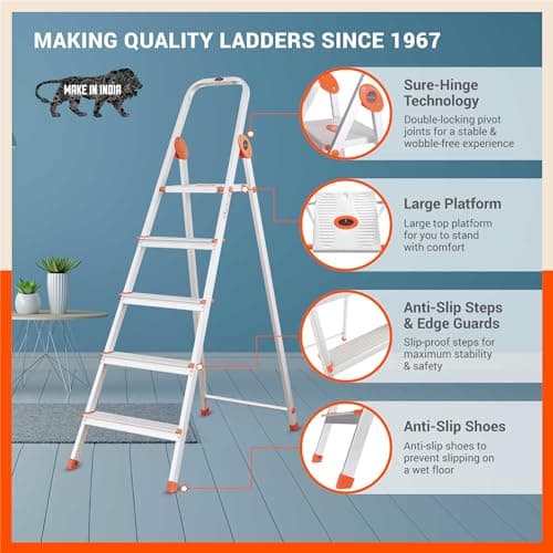 Bathla Safex 5-Step Aluminium Ladder for Home | 150 Kg Load Capacity | Anti-Slip Steps | Sure-Hinge Technology | Edge Guards | Foldable Design | 5 Year Warranty 2