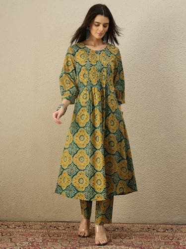 INDO ERA Women's Pure Cotton Printed Ethnic Motifs A-Line Kurta & Pant Set | Co Ord Set For Women Stylish 5