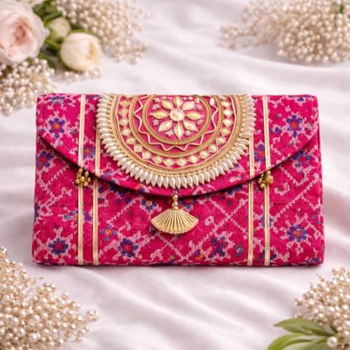 Jaipur Ace Women Ethnic Embroidered Clutch Bag with Golden Handwork & Tassel | Traditional Wedding Party & Festive Shagun Purse| Return Gift Clutch Set (Pack of 4) 3