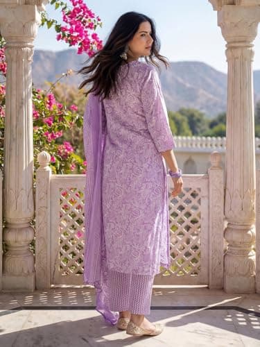 INDO ERA Women's Orange Cotton Blend Floral Printed Straight Fusion Kurta & Pant Set 3