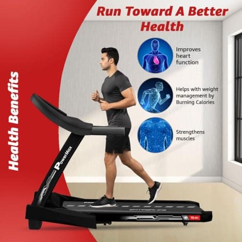 PowerMax Fitness TD-A1 6HP Motorised Foldable Treadmill for Home User Wt. 120kg 15 Lvl Auto-Incline Running Machine for pro-workout, Top Speed 14 km/ph, Speaker, Aux, LCD Display, Bluetooth for app 5
