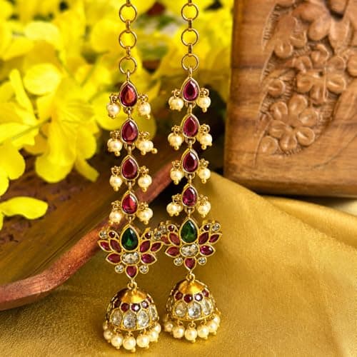 Dvina Glow Premium South Indian Lotus Mattal Jhumka Earrings | Ruby Green Kemp Stone Temple Jewellery | Long Pearl Hanging Bridal Earrings for Women 4