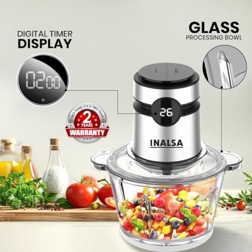 INALSA Electric Chopper For Kitchen With Digital Display|500 Watt Copper Motor|1.8 L Capacity Glass Bowl|Twin Blade Technology|2 Speed Settings|Onion,Vegetable Chopper,Meat Grinder (Bullet Inox Digi) 2