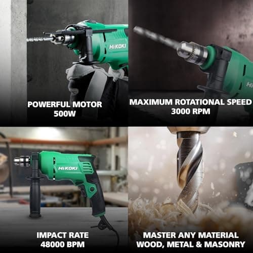 Hikoki Tool Kit(Dv10Vst(Kit) Saz9), 10Mm Corded Impact Drill, 550W, 1.7 Kg, 0-3000 Rpm, 0-48000Bpm, 10Mm Drill Chuck, Robust Design, With 28 Pieces Accessories Included - Black 3