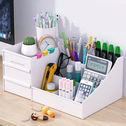 UCRAVO Office Desk Organizer Box with Drawer, 8-Compartment Desktop Storage Rack for Pen, Stationery, Paper, Files & Accessories, Multi-Functional Office Supplies Holder for Home & Work