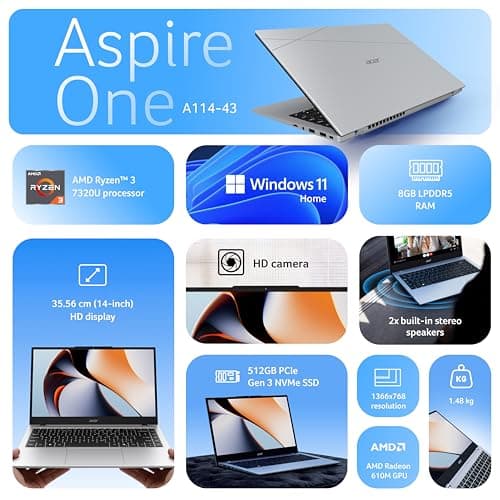 Acer Smartchoice Aspire One, AMD Ryzen 3-7320U, Office 2024 + M365 Basic, 8GB LPDDR5 RAM/ 512GB SSD, 14.0"/35.56cm TN HD Display, Win 11 Home, Pure Silver, 1.48KG, A114-43, Thin and Light Laptop 2