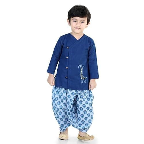 BownBee Kids Ethnic Wear Sibling Set of Cotton Full Sleeve Embroidered & Printed Dhoti Kurta & Halfsleeve Top & Dhoti Set for Baby Boys & Girls (Blue, Boys 3-6M, Girls 4-5Y) 2