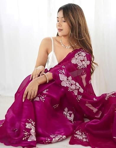 Flosive Women's Shimmer Organza Sequence Embroidery Saree With Unstitched Blouse Piece (PURPLE) 2