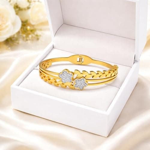 Bracelet for Women Gold Tone, Stylish Crystal Flower Kada for Girls, Designer Leaf Pattern Bangle Free Size with Push Lock, Party Style, Everyday Wear Jewelry Gift for Wife and Girlfriend 3