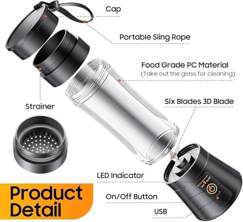 6 Blade Juicer Mixer Grinder Mini, Portable Blender for Smoothies & Juices, USB Rechargeable Bottle Juicer Blender, Smoothie Maker, Milkshake Blenders 3