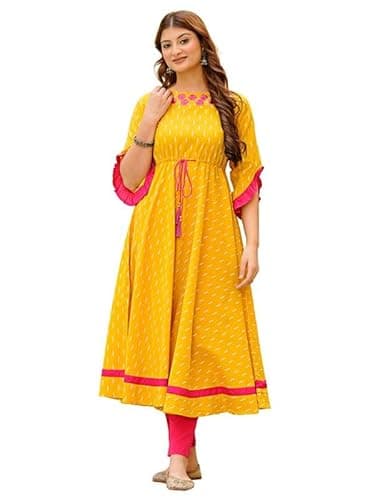 Yash Gallery Women’s Cotton Anarkali Kurta Dress | Mustard Yellow Ikat Print | Round Neck Floral Embroidery, 3/4 Ruffle Sleeves, Tie-Up Waist, Flared Maxi Length|Ethnic & Fusion Wear