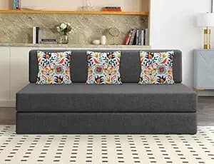 Los Angeles Foldable Three Seater Sofa Cum Bed, Sofa Bed 5 X 6 Feet Jute Fabric Washable Cover- Including Cushion Perfect for Living Room - Black Color