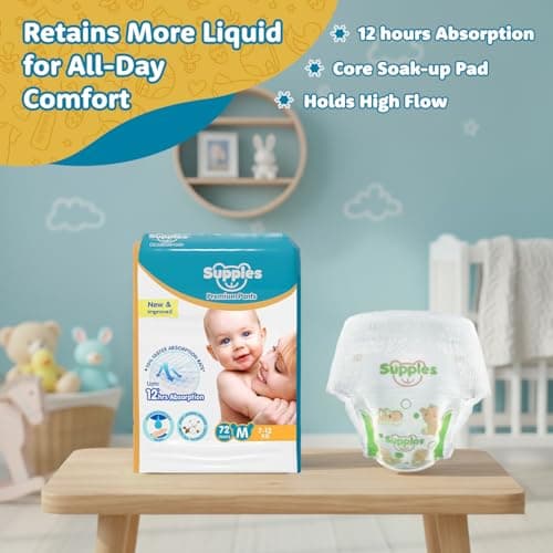 Amazon Brand - Supples Premium Baby Diaper Pants | 144 Baby Diapers | Medium | 7-12 Kg | 12 Hrs Absorption | Cushiony Cotton Soft Fabric | Phthalates-Free | Triple Leak Guard | 72 Count, Pack of 2 5