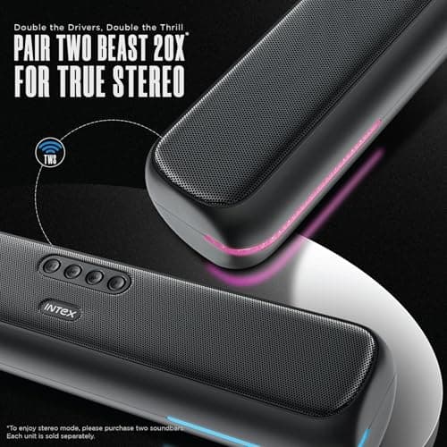 Intex Beast 20X Newly Launched 20W BT Soundbar with 360° Surround Sound, Rhythmic RGB Light, 52mm×4 Drivers, 5hrs Playback Time, TWS Feature, Type C Fast Charging, BT V5.4, USB/AUX/TF (Black) 5