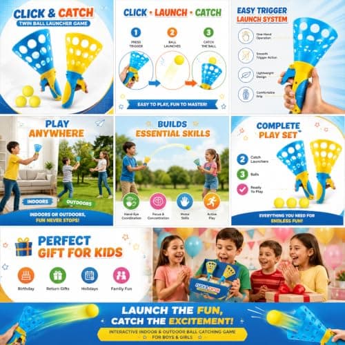 Toyndia Click and Catch Twin Ball Launcher Game with 3 Balls | Pop & Catch Ball Toy Set | Indoor Outdoor Sports Game for Kids | Active Play Toy for Boys & Girls 3+ Years | Multicolor (Pack of 1) 5
