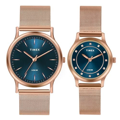 TIMEX Analog Watch for Couple with Teal Round Dial & Rose Gold Stainless Steel Bracelet Band Water Resistant Pair's Wrist Watches - TW00ZP002