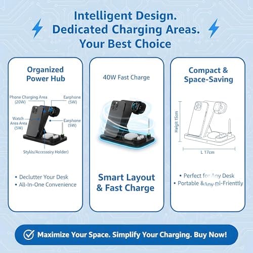 Navdevi 4 in 1 Foldable Wireless Charging Station, Fast Multi-Device Charging Stand 40W Compatible with iPhone, Apple Watch, AirPods, and Qi-Enabled Phones, Travel-Friendly Portable Power Dock (Black) 5