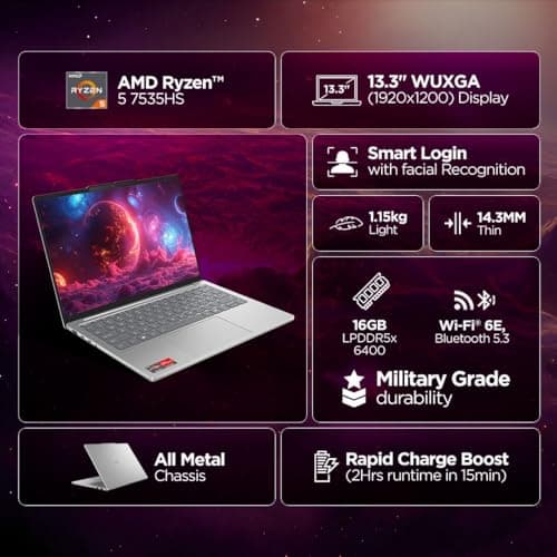 Lenovo IdeaPad Slim 5, AMD Ryzen 5 7535HS, 16GB RAM, 512GB SSD, WUXGA IPS, 13.3"/33.7cm, Windows 11, Microsoft 365 Basic + Office 2024, Grey, 1.6Kg, Backlit KB, 1Yr ADP Free, 83J2004HIN, Laptop 2