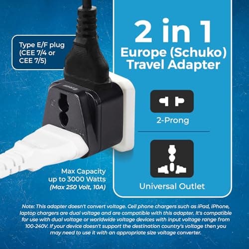 OREI Europe Travel Adapter, India to Europe (Schuko) Plug - Type E/F India to Europe Adapter - 2 in 1 - Perfect for Laptop, Camera Charger and More - CE, RoHS - Beige. 5