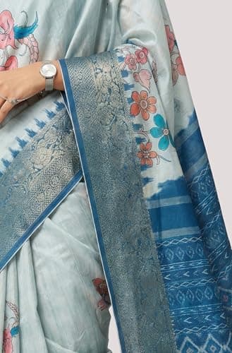 Janasya Women's Blue Silk Blend Ready To Wear Floral Printed Saree With Unstitched Blouse 5