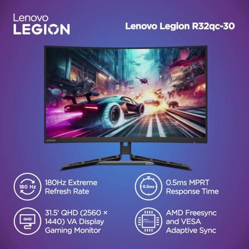 Lenovo Legion-R32qc-30 | 32" (81.2cm) QHD 180Hz Curved Gaming Monitor | 0.5ms, AMD FreeSync, 99% sRGB, 3Wx2Speaker, 2xHDMI 2.1 TMDS, 1xDP 1.4| Tilt, Swivel, Pivot, Height Adjust | Black | 67C8GAC1IN 2