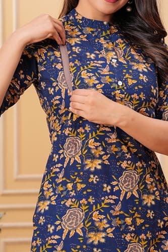 Women Cotton Printed Co-Ord Set Kurta with Pant Set | Cotton Floral Printed Anarkali Maternity Feeding Kurta with Zipper/Maternity (in, Alpha, 2XL, Blue Gold MAT Set) 3