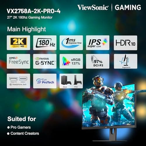 ViewSonic VX2758A-2K-PRO-4 27-inch(68.58cm)QHD 2k 2560x1440p Gaming Monitor| IPS| 180Hz| 1ms| HDR10 |AMD FreeSync & NVIDIA G-Sync| sRGB 137%| Eye-Care| Height, Swivel, Tilt & Pivot Adj. |2X HDMI|1x DP 2