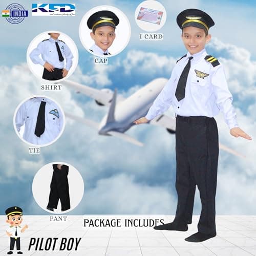 Kaku Fancy Dresses Polyester Our Community Helper Pilot Costume For Kids White Pilot Shirt & Black Pant With Black Cap For Boys & Girls - 7-8 Years 3