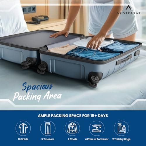 Aristocrat Liberty Large (Check-in) Polypropylene Hard Spinner Trolley Bag, 78Cm|Combination Lock|8 Wheels|3 Years International Warranty|Spanish Blue 6