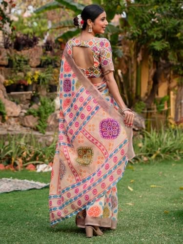 SIRIL Women's Cotton Linen Bandhani Printed Saree with Unstitched Blouse Piece (5277S757_Peach) 5
