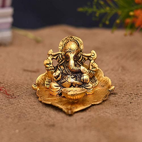 Collectible India Ganesh Diya Return Gift Metal Ganesha on Leaf Idol for Pooja | Wedding Corporate Gift Items for Home Decorative with Gift Box | Diya for Puja Pooja Gifting 4
