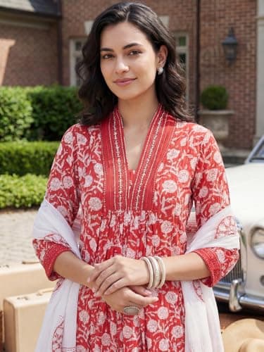 INDO ERA Women's Multi Pure Cotton Abstract Printed Flared Fusion Kurta & Pant Set 5