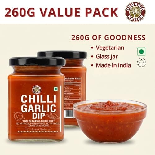 ORGANIC NATION Flavorful Chilli Garlic Dip - Gourmet Chilli Sauce with Rich Garlic & Aromatic Spices, Spicy Chili Crisp - Perfect for Dipping, Cooking, and Marinades, No Preservatives - 260g 3