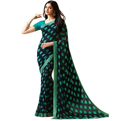 RAJESHWAR FASHION WITH RF Women's Floral Printed Georgette Fancy Sarees For Festival With Jacquard Lace Border & Unstitched Blouse Piece(A20 BLUE GULAB NEW 4_Free Size 6.30 Mtr)