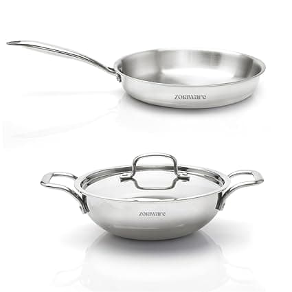 Zoraware Triply Kadai - Fry Pan Cookware Set l Induction Compatible | Silver | 24 cm Diameter