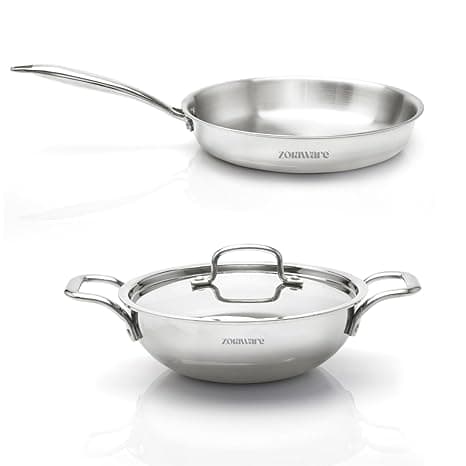 Zoraware Triply Kadai - Fry Pan Cookware Set l Induction Compatible | Silver | 24 cm Diameter