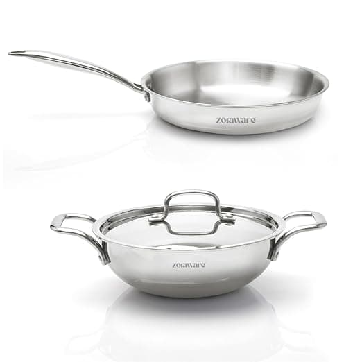 Zoraware Triply Kadai - Fry Pan Cookware Set l Induction Compatible | Silver | 24 cm Diameter