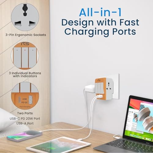 rts Type C PD and USB 3 Pin Multi Plug Socket-Worldwide Universal Travel Adapter with USB Ports & Individual Switch LED Indicator-3 Way Plug Socket (5A-250V) Type D Plug for Home Office Orange 4