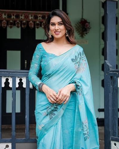Kaugalian store Linen Cotton Floral Printed Light Blue Saree For Women With Unstitched Blouse Piece 4