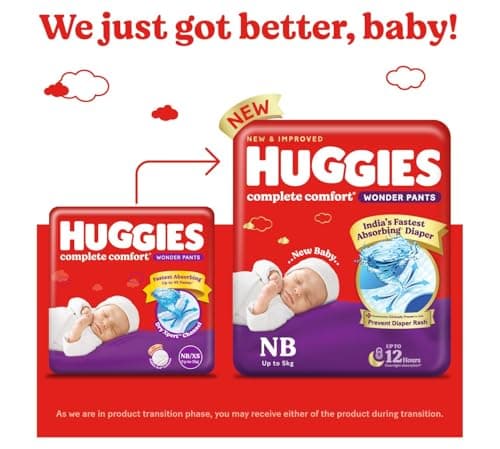Huggies Complete Comfort Wonder Pants | Pant Style Baby Diapers Newborn Size (NB/XS), 48 Count | India's Fastest Absorbing Diaper, Prevents Diaper Rash, Ideal for 0-5 Kgs (24 Count, Pack of 2) 2