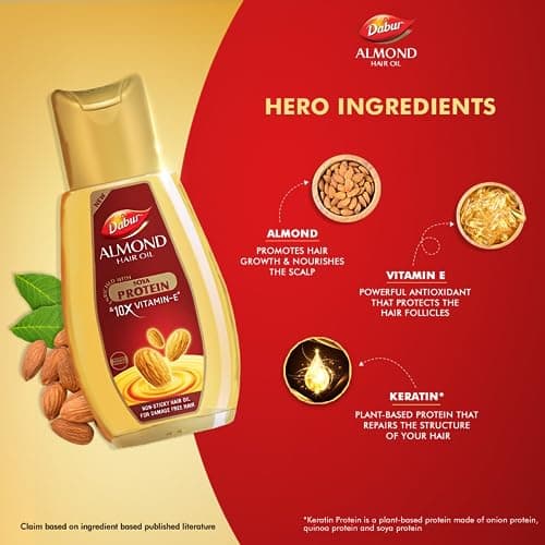 Dabur Almond Hair Oil - 500ml | Provides Damage Protection | Non Sticky Formula | For Soft & Shiny Hair | With Almonds, Keratin Protein, Soya Protein & 10X Vitamin E 5
