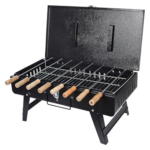 BKR® Iron Suitcase Charcoal Barbeque (BBQ) Grill with 8pcs Skewers Set for Home, Garden or Outdoor Places (Stellar Black) | High Temperature Sand Blasting Metal Finish