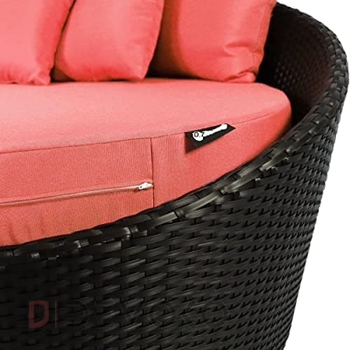 DEVOKO Outdoor Wicker Patio Daybed with Round Glass Top Coffee Table Weather-Resistant Furniture for Poolside, Garden,Balcony(Black & Red) 4