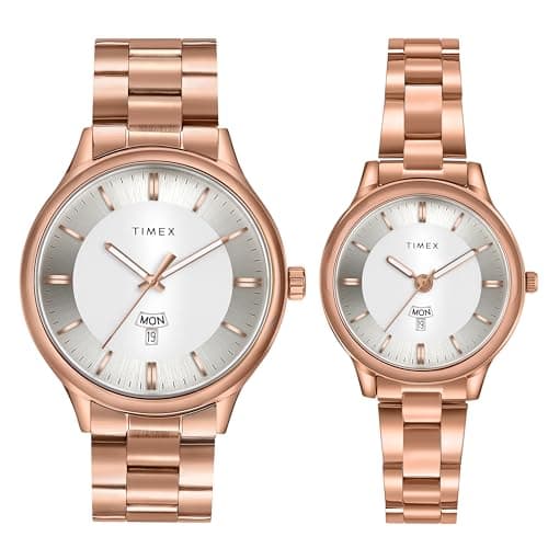 TIMEX Analog Watch for Couple with Silver-Tone Round Dial & Rose Gold Stainless Steel Bracelet Band Water Resistant Pair's Wrist Watches - TW00ZP008