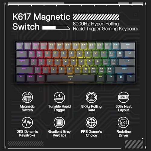 Redragon K617 Rapid Trigger Gaming Keyboard, 60% 61 Keys Wired Mechanical Keyboard w/Hyper-Fast Actuation, Dedicated Magnetic Switch, Actuation Point Adjustable, 8K Hz Polling Rate, Misty Grey 2