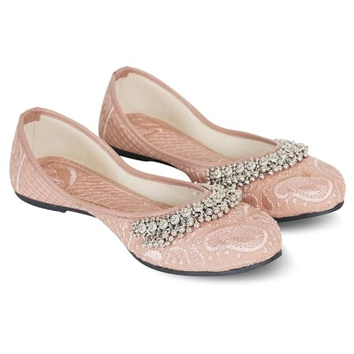 DFR Women Ethnic Rajasthani Embroidery with Payal Punjabi Mojari's Shoe Juti Jutti’s, Color - Pink, UK Size - 9 2