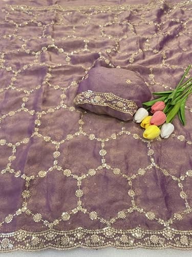 Flosive"Elegant Lavender Silk Saree for Women with Zari Embroidery, Sequin Work & Designer Blouse Piece for Wedding, Party & Festive 5