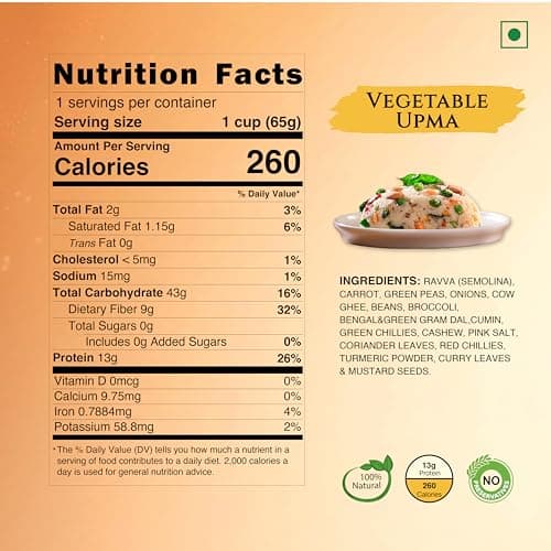 Instabites Ready to Eat Vegetable Upma Cup 65g, No Added Preservatives and Ready to Eat in Minutes - Pack of 1 2